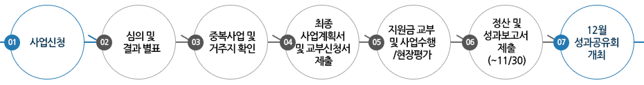 1)사업신청  → 2) 심의 및 결과 별표 → 3)중복사업 및 거주지 확인 → 4)최종사업계획서 및 교부신청서 제출 → 5)지원금 교부 및 사업수행/현장평가 → 6)정산 및 성과보고서 제출(~11/30) →  7)12월 성과공유회 개최  