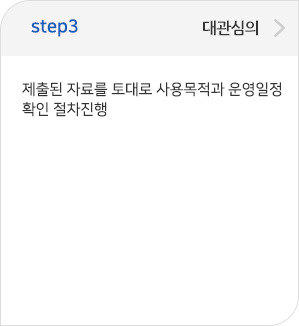step03 대관심의: 제출된 자료를 토대로 사용목적과 운영일정 확인 절차진행