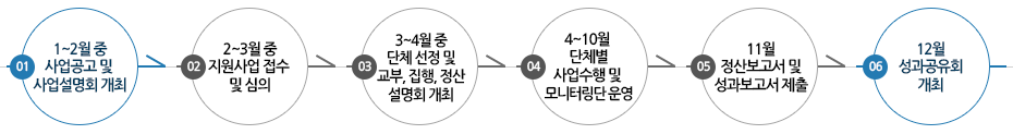 1)1월~2월 중 사업공고 및 사업설명회 개최 →  2)2~3월 중 지원사업 접수 및 심의  →  3)3~4월 중 단체 선정 및 교부,집행, 정산 설명회 개최  → 4)4~10월 단체별 사업수행 및 모니터링단 운영  →  5)11월 정산보고서 및 
성과보고서 제출 → 6)12월 성과공유회 개최 