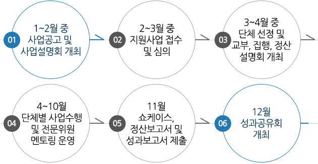 1)사업신청  → 2) 심의 및 결과 별표 → 3)중복사업 및 거주지 확인 → 4)최종사업계획서 및 교부신청서 제출 → 5)지원금 교부 및 사업수행/현장평가 → 6)정산 및 성과보고서 제출(~11/30) →  7)12월 성과공유회 개최