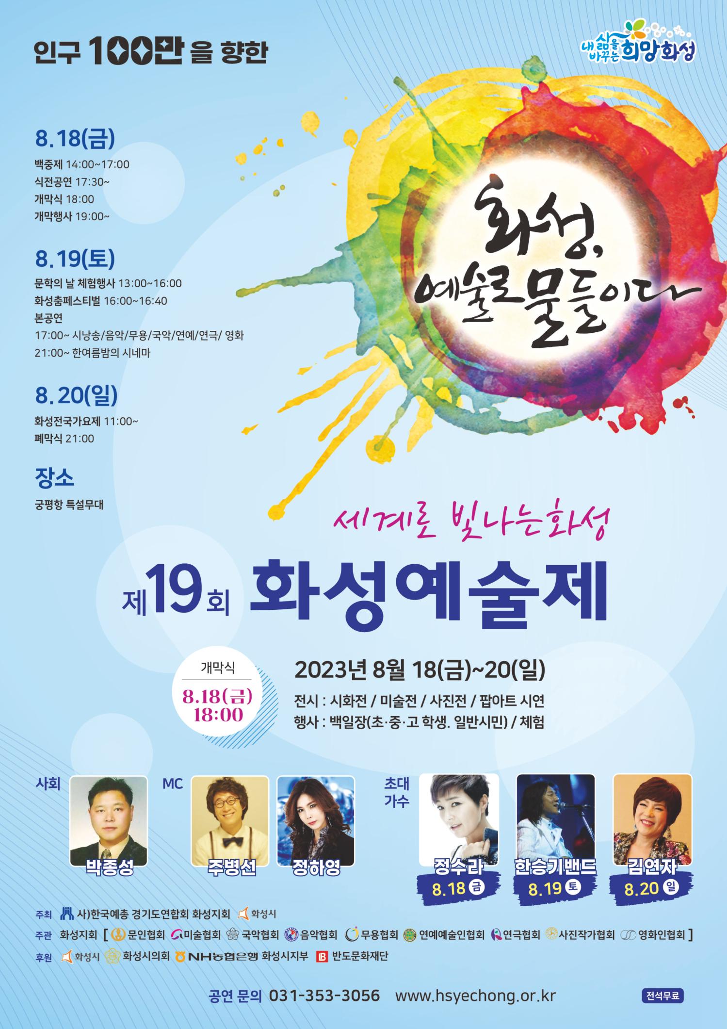 인구 100만을 향한
내삶을 바꾸는 희망화성
화성, 예술로 물들이다

8.18(금)
백중제 14:00~17:00
식전공연 17:30~
개막식 18:00
개막행사 19:00~

8.19(토)
문학의 날 체험행사 13:00~16:00
화성춤페스티벌 16:00~16:40
본공연
17:00~ 시낭송/음악/무용/국악/연예/연극/ 영화
21:00~ 한여름밤의 시네마 

8.20(일)
화성전국가요제 11:00~
폐막식 21:00

장소
궁평항 특설무대

세계로 빛나는 화성
제19회 화성예술제
개막식 8. 18(금) 18:00
2023년 8월 18(금)~20(일)
전시: 시화전 / 미술전 / 사진전 / 팝아트 시연
행사: 백일장(초-중:고학생. 일반시민) /체험
사회 박종성 MC 주병선 정하영 초대가수 정수라 8.18 금 한승기밴드 8.19 토 김연자 8.20 일
주최 사)한국예총 경기도연합회 화성지회 화성시
주관 화성지회 [문인협회 미술협회 국악협회 음악협회 무용협회 연예예술인협회 연극협회 사진작가협회 영화인협회]
후원 화성시 화성시의회 NH농협은행 화성시지부 반도문화재단
공연 문의 031-353-3056 www.hsyechong.or.kr 전석무료
