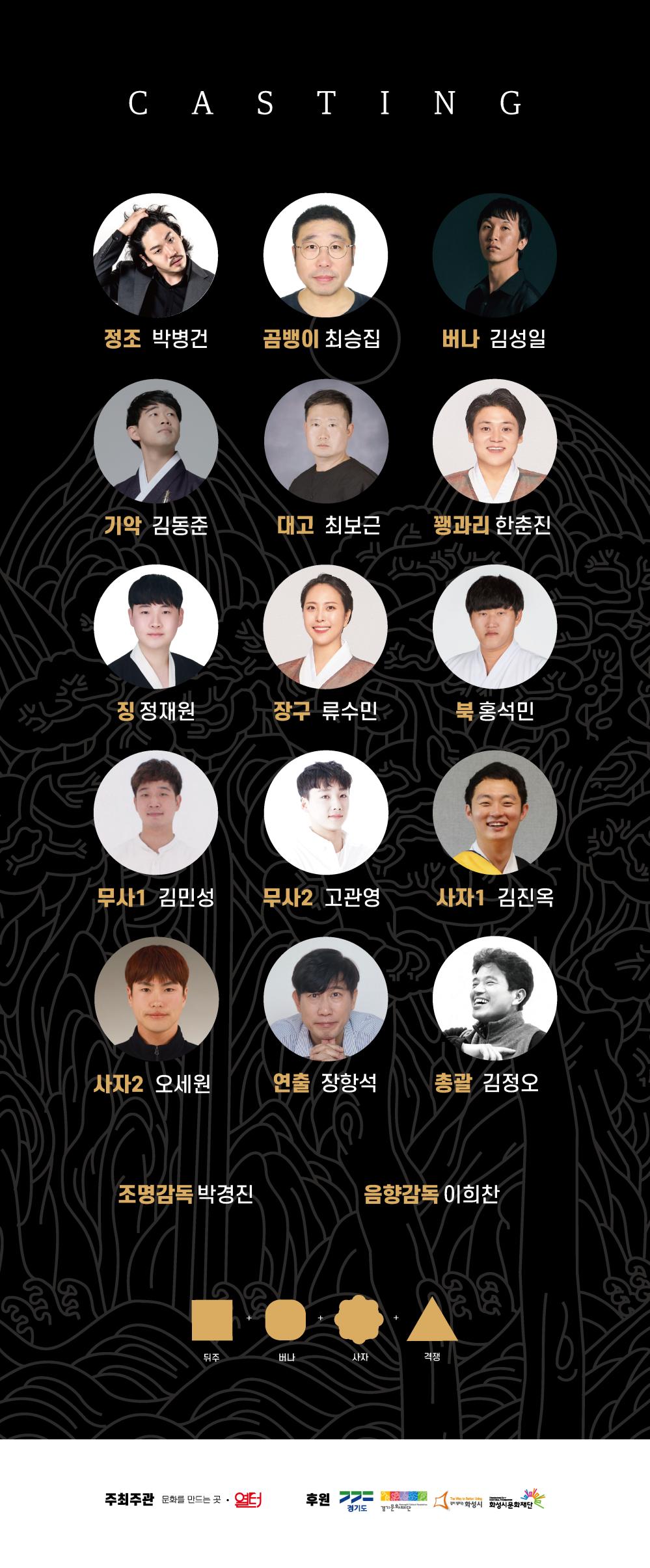 캐스팅
정조: 박변경, 곰뱅이: 최승집, 버나: 김성일
기악: 김동준 대고: 최보근 꾕과리 한춘진 징 정재원 장구 류수민 북 홍석민 
무사1 김민성 무사2 고관영 사자1 김진옥 사자2 오세원
연출 장항석 총괄 김정오
조명감독 박경진 음향감독 이희찬
주최주관: 문화를 만드는 곳 열터
후원: 경기도 경기문화재단 화성시 화성시문화재단
