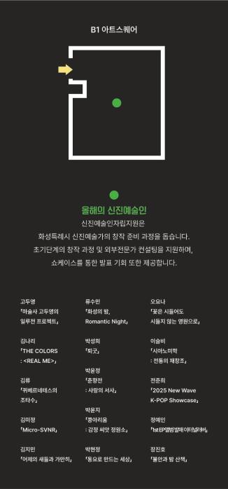 4페이지
B1 아트스퀘어
올해의 신진예술인
신진예술인자립지원은 
화성특례시 신진예술가의 창작 준비 과정을 돕습니다.
초기단계의 창작 과정 및 외부전문가 컨설팅을 지원하며, 
쇼케이스를 통한 발표 기회 또한 제공합니다.

고두영 「마술사 고두영의 일루전 프로젝트」
김나리 「THE COLORS: <REAL ME>」
김류 「퀴베르네테스의 조타수」
김미정 「Micro-SVNR」김지민 「어제의 새들과 가만히」
류수민 「화성의 밤, Romantic Night」
박성희 「퇴굿」
박윤정 「춘향전 : 사랑의 서사」
박현정 「동요로 만드는 세상」
전준희 「2025 New Wave K-POP Showcase」
정예인  「1st EP앨범 발매 이터널러버」
장진호 「불안과 밤 산책」